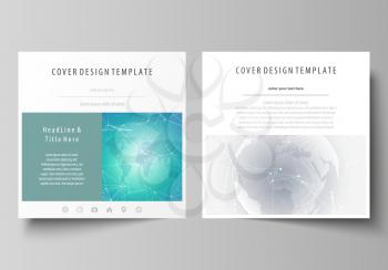 The minimalistic vector illustration of the editable layout of two square format covers design templates for brochure, flyer, booklet. Chemistry pattern. Molecule structure. Medical, science backgroun