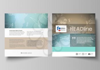 The minimalistic vector illustration of the editable layout of two square format covers design templates for brochure, flyer, booklet. Chemistry pattern with molecule structure. Medical DNA research
