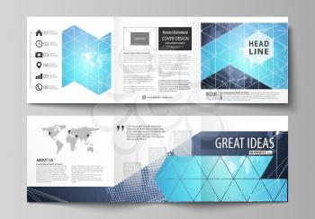 The minimalistic vector illustration of the editable layout. Two modern creative covers design templates for square brochure or flyer. Abstract global design. Chemistry pattern, molecule structure