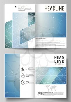 The vector illustration of the editable layout of two A4 format modern cover mockups design templates for brochure, flyer, booklet. Chemistry pattern, connecting lines and dots. Medical concept