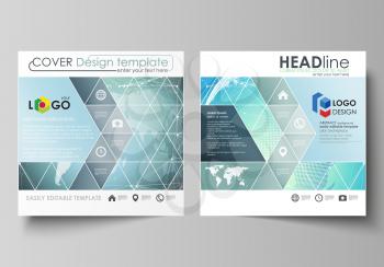 The minimalistic vector illustration of the editable layout of two square format covers design templates for brochure, flyer, booklet. Chemistry pattern, molecule structure, geometric design backgroun