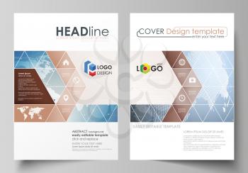The vector illustration of the editable layout of two A4 format covers with triangles design templates for brochure, flyer, booklet. Scientific medical DNA research. Science or medical concept