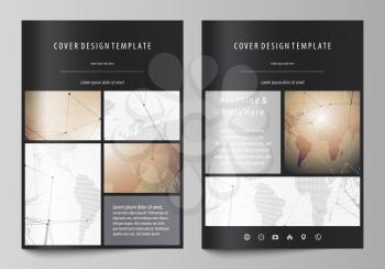The black colored vector illustration of the editable layout of A4 format covers design templates for brochure, magazine, flyer, booklet. Global network connections, technology background with world m