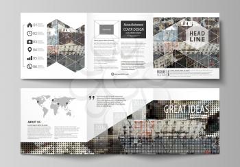 Set of business templates for tri fold square design brochures. Leaflet cover, abstract flat layout, easy editable vector. Colorful background made of dotted texture for travel business, urban citysca