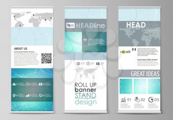 The minimalistic vector illustration of the editable layout of roll up banner stands, vertical flyers, flags design business templates. Futuristic high tech background, dig data technology concept