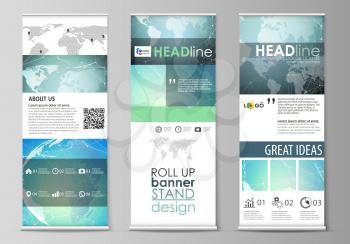 The minimalistic vector illustration of the editable layout of roll up banner stands, vertical flyers, flags design business templates. Chemistry pattern, molecule structure, geometric design backgrou
