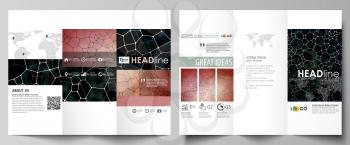 Tri-fold brochure business templates on both sides. Easy editable abstract vector layout in flat design. Chemistry pattern, molecular texture, polygonal molecule structure, cell. Medicine, science, mi