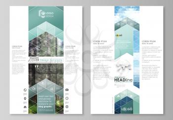 Blog graphic business templates. Page website design template, easy editable abstract vector layout. Colorful background made of triangular or hexagonal texture for travel business, natural landscape 
