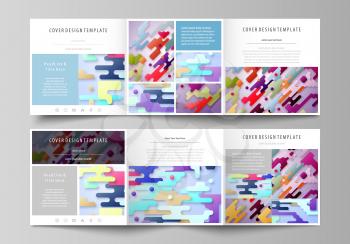 Set of business templates for tri fold square design brochures. Leaflet cover, abstract flat layout, easy editable vector. Bright color lines and dots, colorful minimalist backdrop with geometric shap