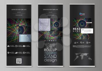 Set of roll up banner stands, flat design templates, abstract geometric style, modern business concept, corporate vertical vector flyers, flag layouts. Bright color lines, colorful beautiful backgroun