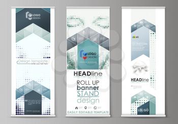 Set of roll up banner stands, flat design templates, abstract geometric style, modern business concept, corporate vertical vector flyers, flag layouts. Halftone dotted background, retro style grungy p