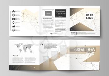 Set of business templates for tri fold square design brochures. Leaflet cover, abstract flat layout, easy editable vector. Technology, science, medical concept. Golden dots and lines, cybernetic digit