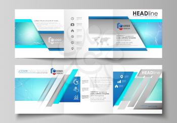 Set of business templates for tri fold square design brochures. Leaflet cover, abstract flat layout, easy editable vector. Chemistry pattern, connecting lines and dots, molecule structure, medical DNA