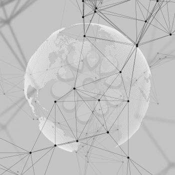 Abstract futuristic network shapes. High tech background, connecting lines and dots, polygonal linear texture. World globe on gray. Global network connections, geometric design, dig data concept