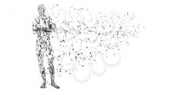 Conceptual abstract man with crossed arms. Connected lines, dots, triangles, particles on white background. Science or technology concept. High technology vector digital background for business banner.