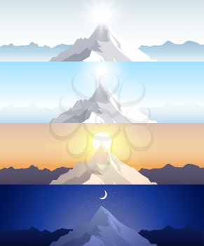 Nature mountain set. A midday sun, dawn, sunset, night in the mountains. Landscapes with peak. Mountaineering, traveling, outdoor recreation concept. Abstract vector backgrounds for web, prints etc