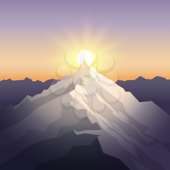 Sunset in the mountains. Landscape with peak. Mountaineering and traveling and outdoor recreation concept. Abstract background for web, presentations or prints. Vector illustration