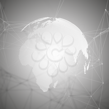 Abstract futuristic network shapes. High tech HUD background, connecting lines and dots, polygonal linear texture. World globe on gray. Global network connections, geometric design, dig data concept