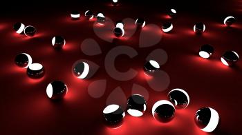 Neon balls on a red background. Abstract chaotic glowing spheres. Futuristic background. Hi-res illustration for your brochure, flyer, banner designs and other projects. 3d render illustration