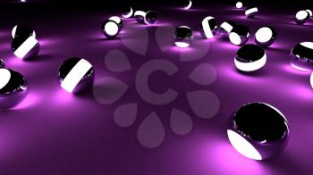 Neon balls on a purple background. Abstract chaotic glowing spheres. Futuristic background. Hi-res illustration for your brochure, flyer, banner designs and other projects. 3d render illustration