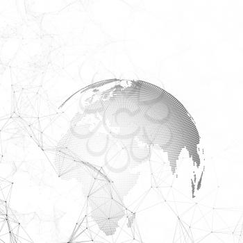 Abstract futuristic network shapes. High tech background with connecting lines and dots, polygonal linear texture. World globe on white. Global network connections, geometric design, dig data technology digital concept.