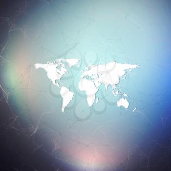 Abstract futuristic background with connecting lines and dots, polygonal linear texture. World map on blue. Global network connections, geometric design, technology digital concept