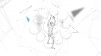 Conceptual abstract man with hands up holds a world globe. Connected lines, dots, triangles, particles. Artificial intelligence concept. High technology vector, digital background. 3D render vector illustration