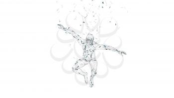 Conceptual abstract man in a jump. Connected lines, dots, triangles, particles isolated on white. Artificial intelligence concept. High technology vector, digital background. 3D render vector illustration.