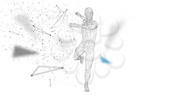 Conceptual abstract man is doing powerful punch. Connected lines, dots, triangles, particles. Artificial intelligence concept. High technology vector, digital background. 3D render vector illustration.