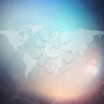 Abstract futuristic background with connecting lines and dots, polygonal linear texture. World map. Global network connections, geometric design, technology digital concept