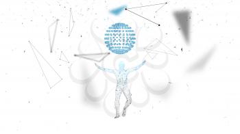 Conceptual abstract man. Connected lines, dots, triangles, particles on white background. Science fiction scene. Artificial intelligence concept. High technology vector, digital background. 3D render vector illustration.