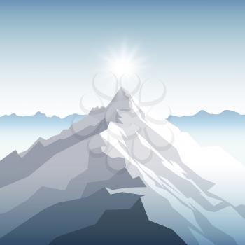 A sunset or dawn sun over the mountains. Landscape with peak. Mountaineering and traveling and outdoor recreation concept. Abstract background for web, presentations or prints. Vector illustration