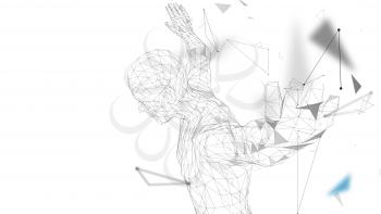 Conceptual abstract man getting ready to jump. Connected lines, dots, triangles, particles. Artificial intelligence concept. High technology vector, digital background. 3D render vector illustration