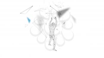 Conceptual abstract man with hands up. Connected lines, dots, triangles, particles. Artificial intelligence concept. High technology vector, digital background. 3D render vector illustration