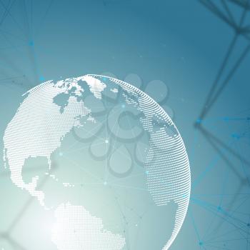 Abstract futuristic network shapes. High tech background, connecting lines and dots, polygonal linear texture. World globe on blue. Global network connections, geometric design, dig data concept