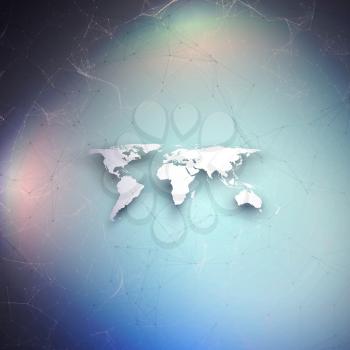World map in perspective with shadow on blue. Abstract global network connections, geometric design technology concept background. Chemistry pattern, molecule structure, connecting lines and dots
