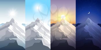 Nature mountain set. A midday sun, dawn, sunset, night in the mountains. Landscapes with peak. Mountaineering, traveling, outdoor recreation concept. Abstract vector backgrounds for web, prints etc