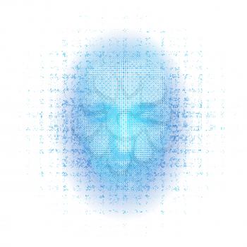 3d rendering of robot face with numbers on white background represent artificial intelligence. Future science, modern technology concept. 3d illustration.