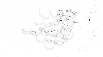 Conceptual abstract man jumping in kung fu kick. Connected lines, dots, triangles, particles. Artificial intelligence concept. High technology vector, digital background. 3D render vector illustration.