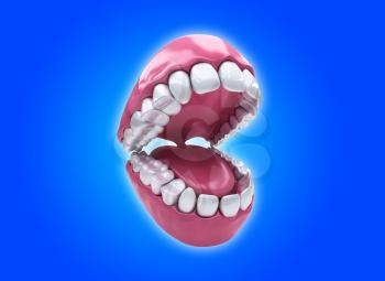 Open mouth and white healthy teeth on blue background
