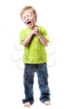 Close-up of portrait happy boy screaming  on white background