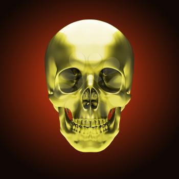Gold metallic skull on dark red background