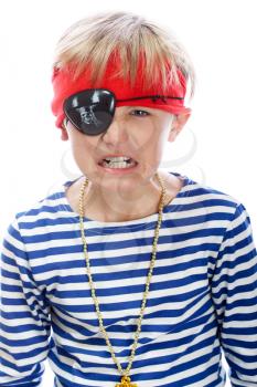 Close up portrait of angry pirate. Isolated on white background