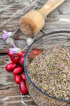 scattered medicinal Cornel berries and bowl of seeds of Heather on wooden table