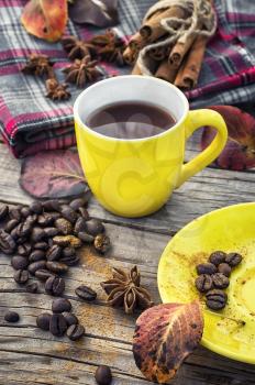 Coffee in yellow mugs with spices on  background of warm blanket in one in autumn weather.