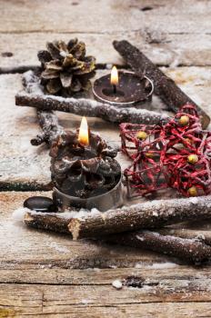 Christmas decorations and toys on wooden background
