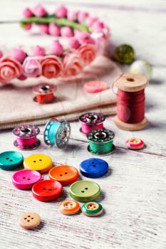 Buttons of different colors and accessories for needlework