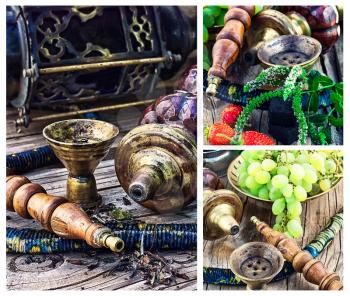 Collage with a hookah in the Oriental style and a bunch of grapes