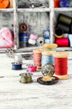 Accessories for repair and sewing of clothes and jewelry.Selective focus