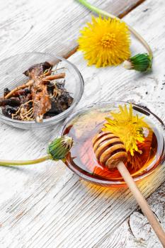 bowl of healing infusion of the flower and the root and spring of the dandelion